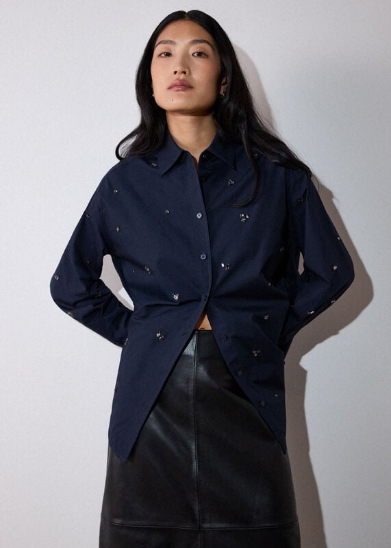 Navy Jewelled Cotton Poplin Shirt