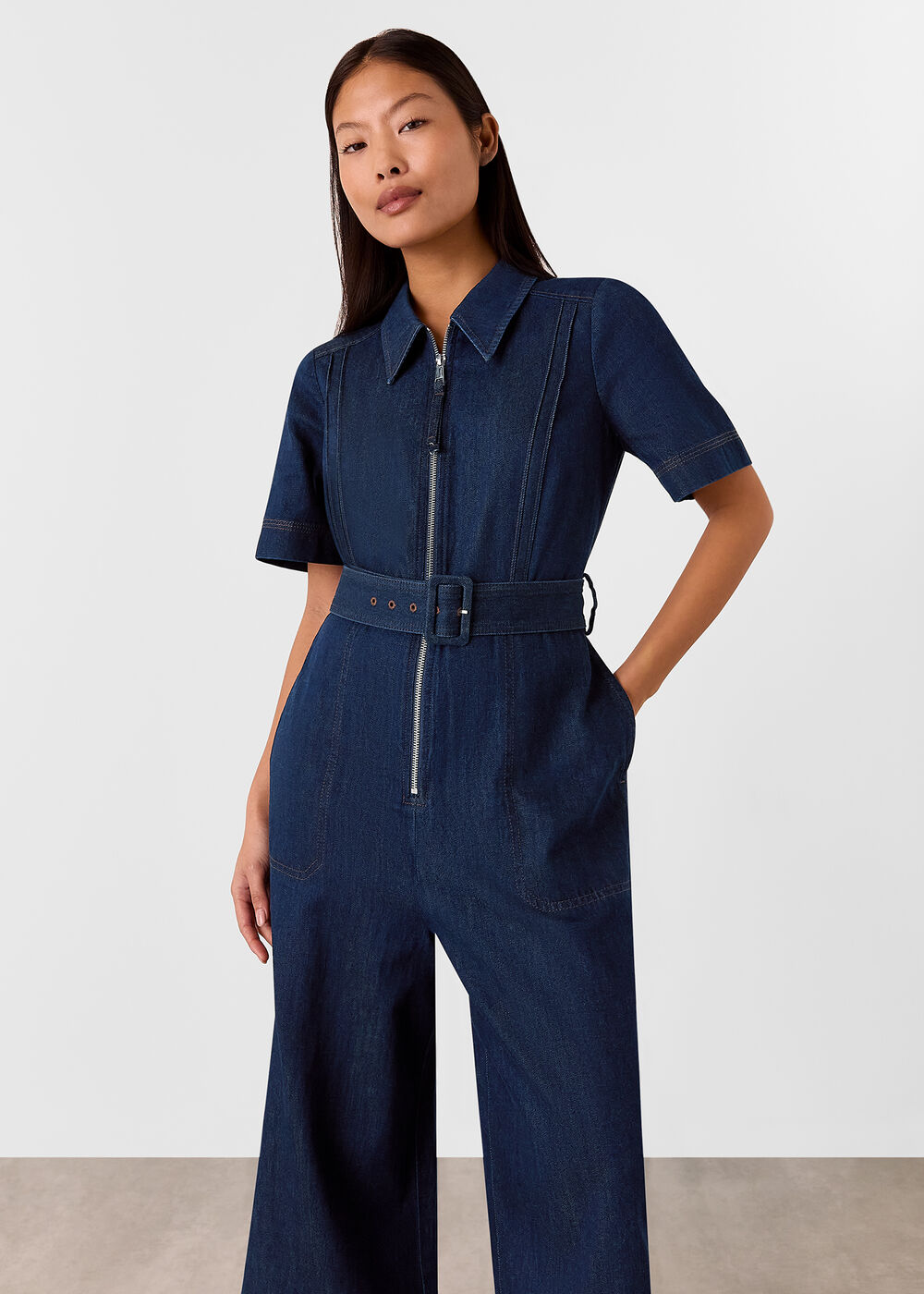 Petite Denim Pintuck Belted Jumpsuit