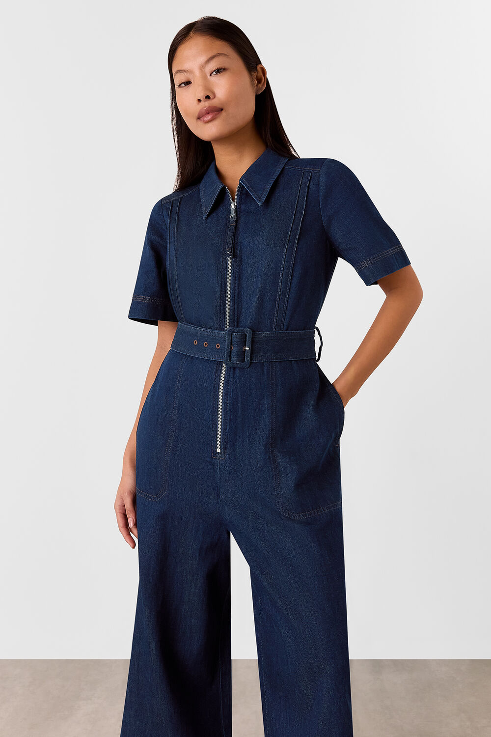 Petite Denim Pintuck Belted Jumpsuit