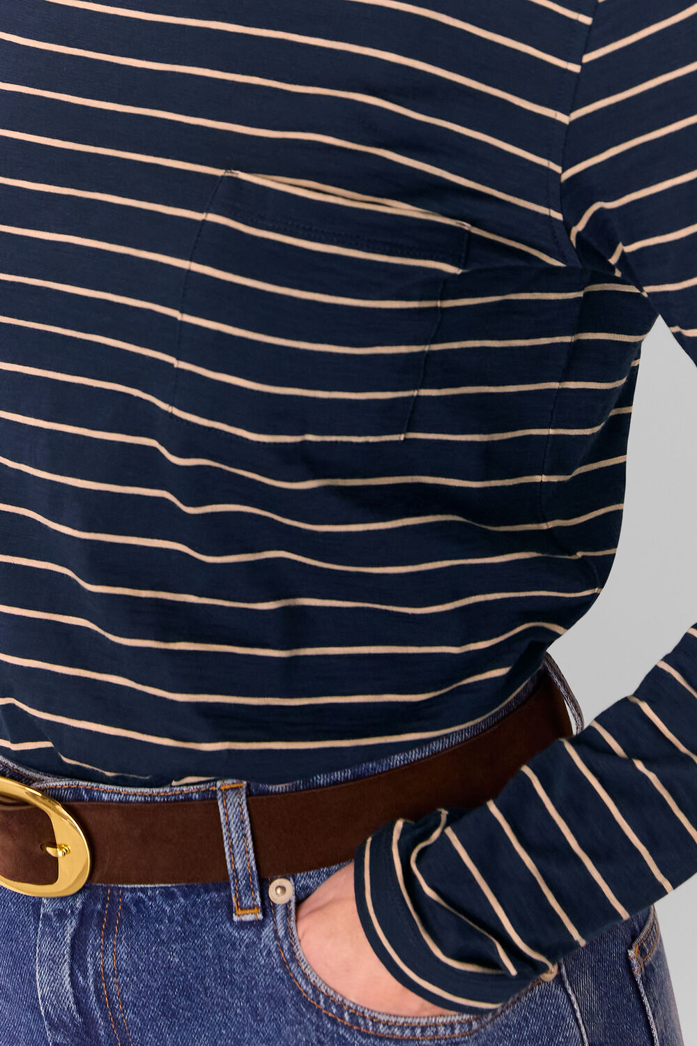 Crew Neck Stripe Pocket Top
