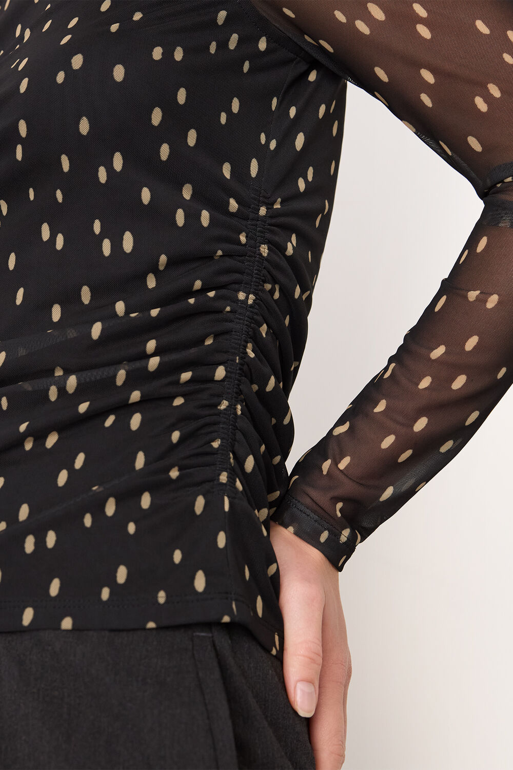 Black Spot Print Mesh Jersey Top