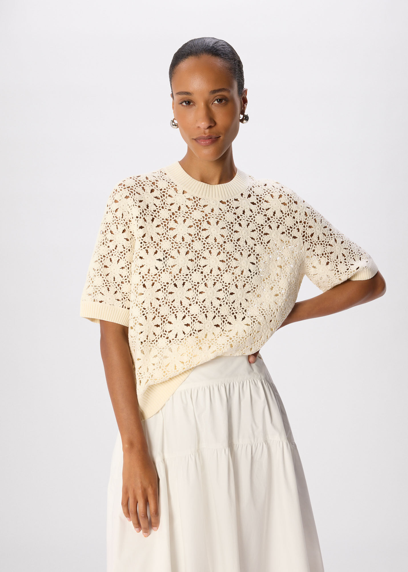 Ivory Cotton Crochet Detail Tshirt | WHISTLES | Whistles UK |