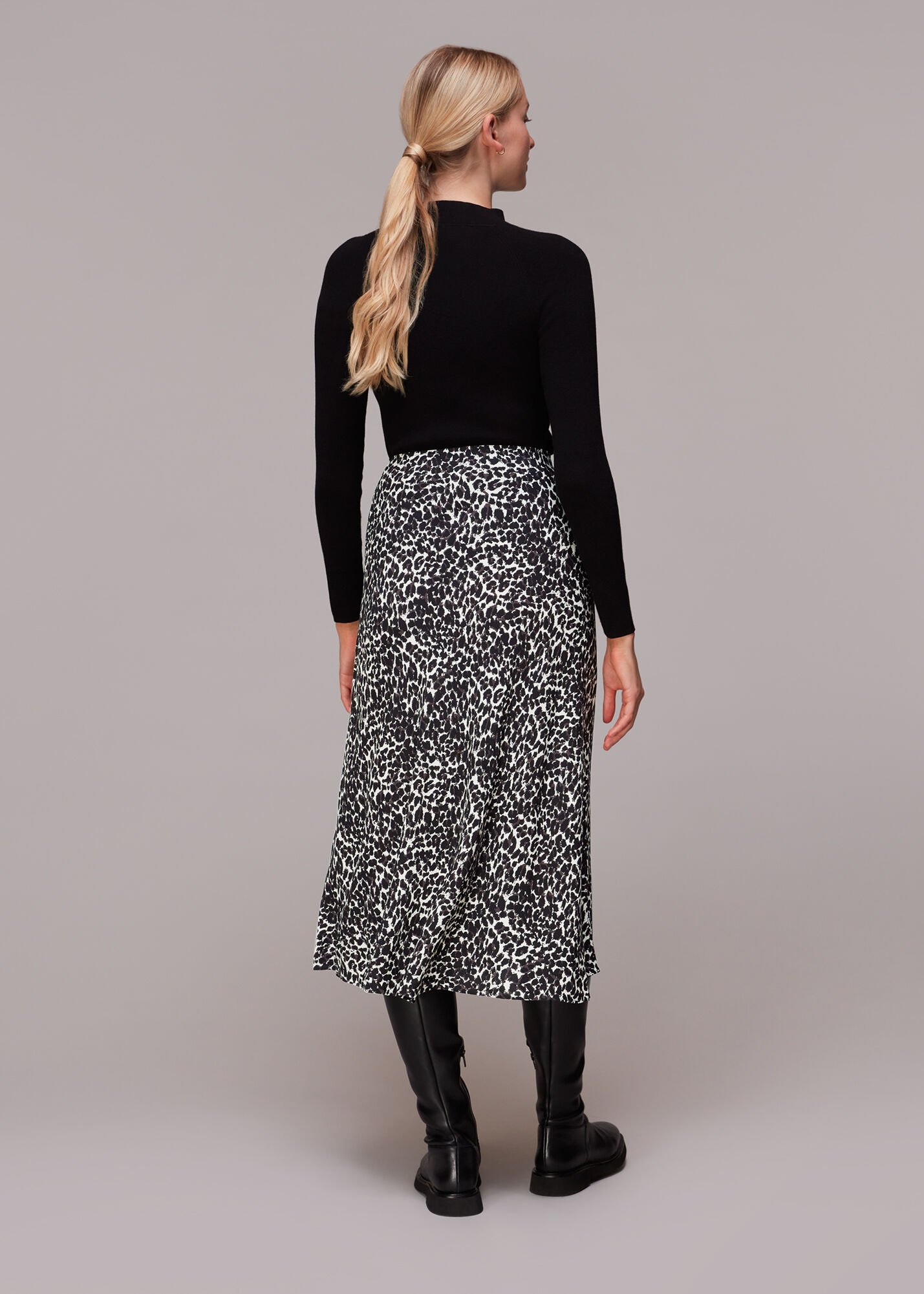 Black Multi Shadow Leopard Bias Cut Skirt WHISTLES Whistles UK