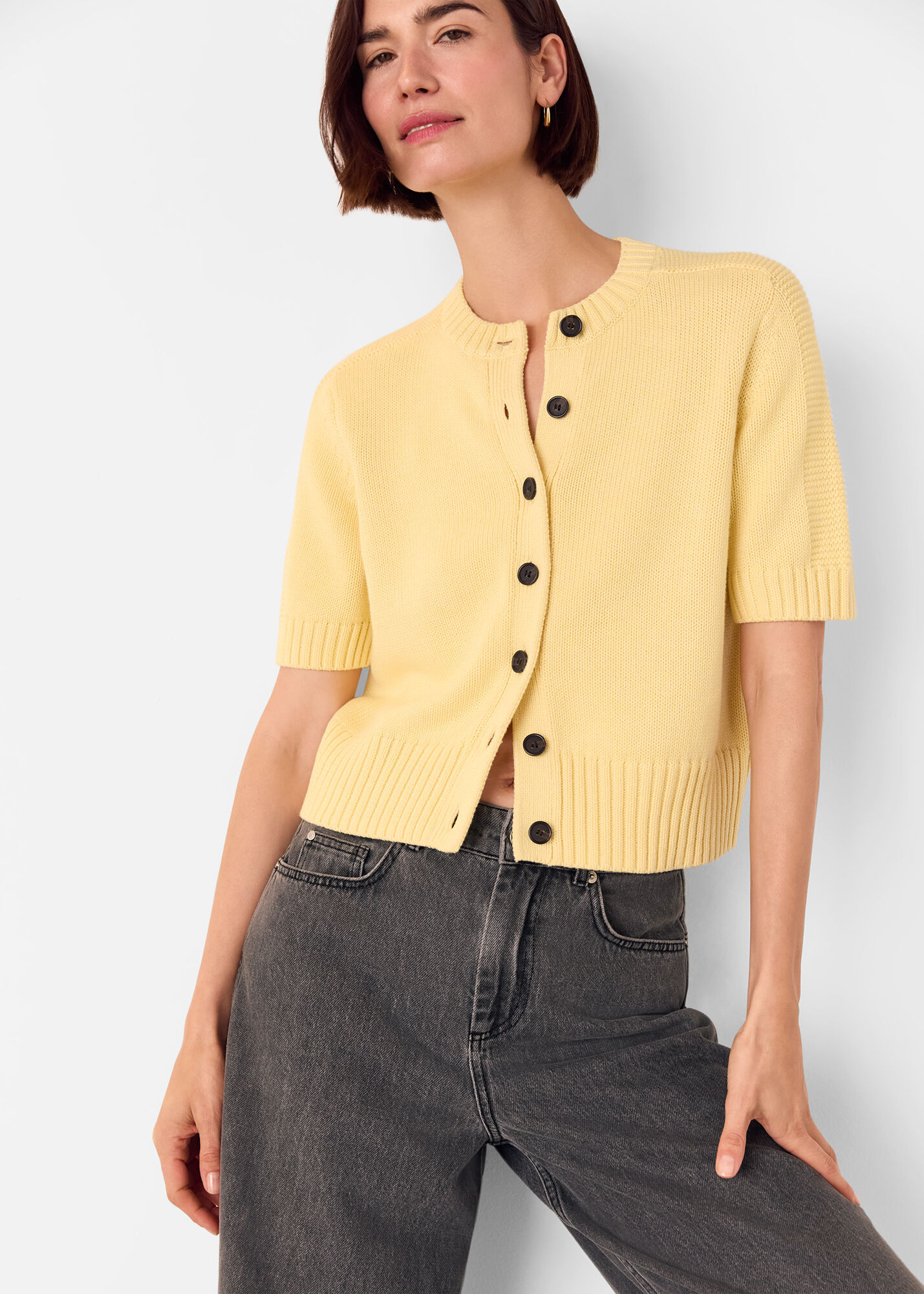 ニット・セーター IONSEOUL Boucle Bicolor Short Sleeve Cardigan JE1150 Women's Short Sleeve Summer Hollow Out Crew Neck Button Down