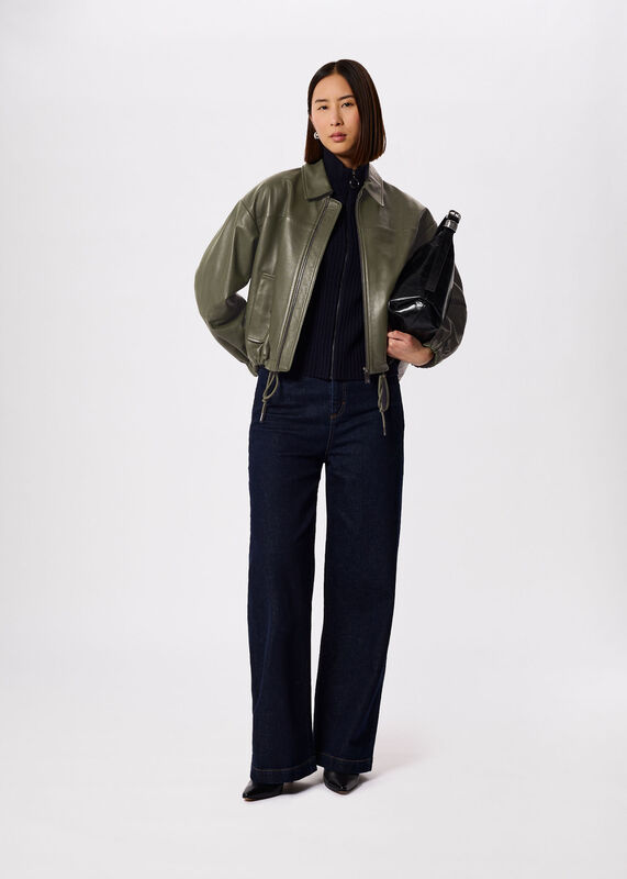 Khaki Frida Leather Bomber Jacket