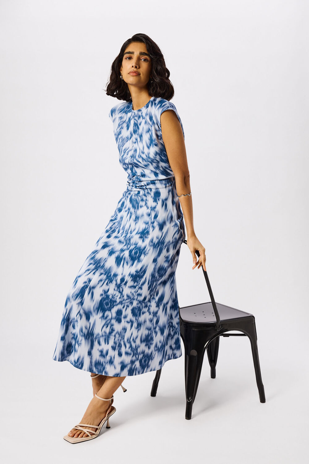 Blue Blurred Floral Crepe Dress