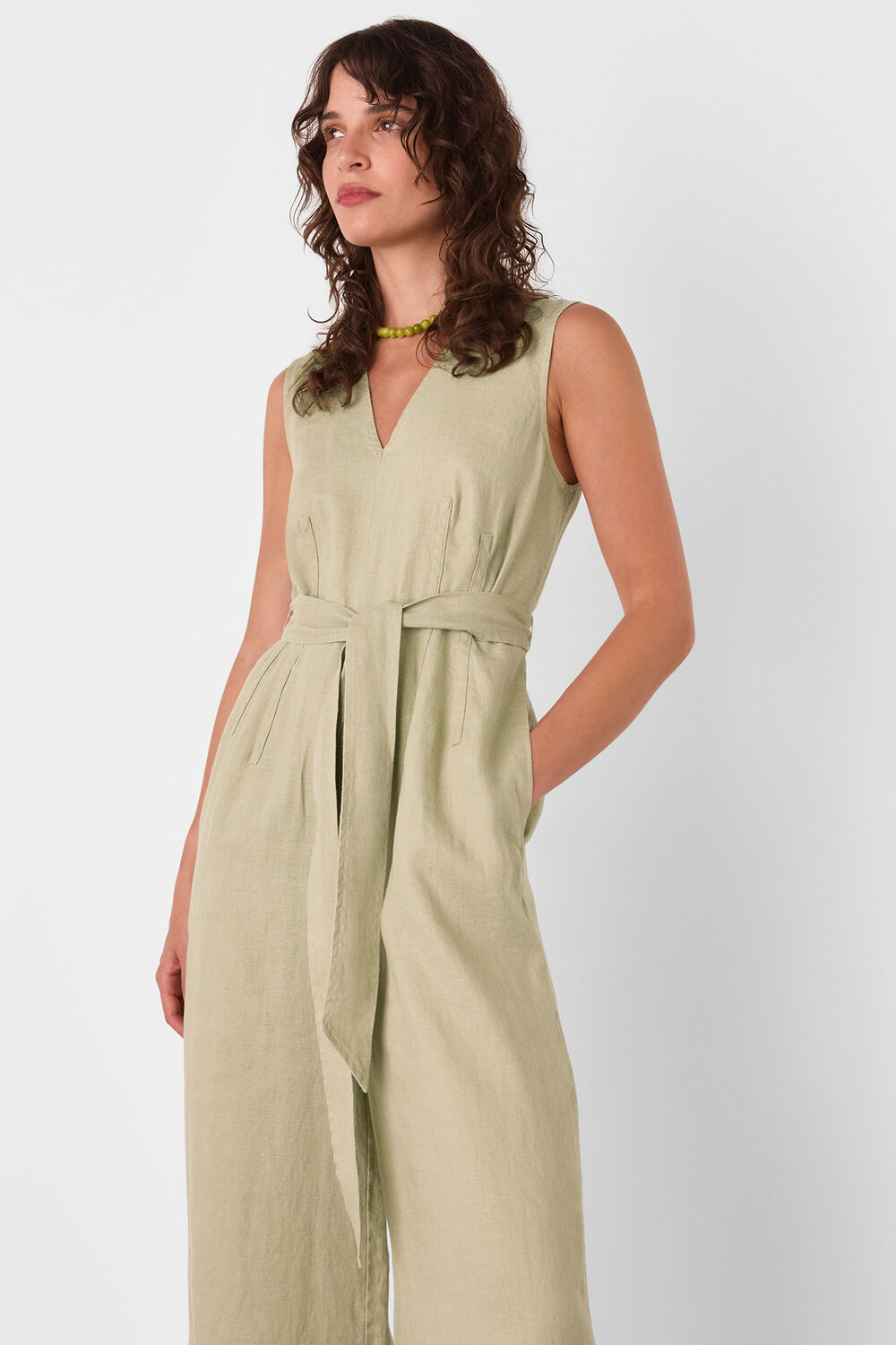 Neutral Belted Seamed Linen Jumpsuit