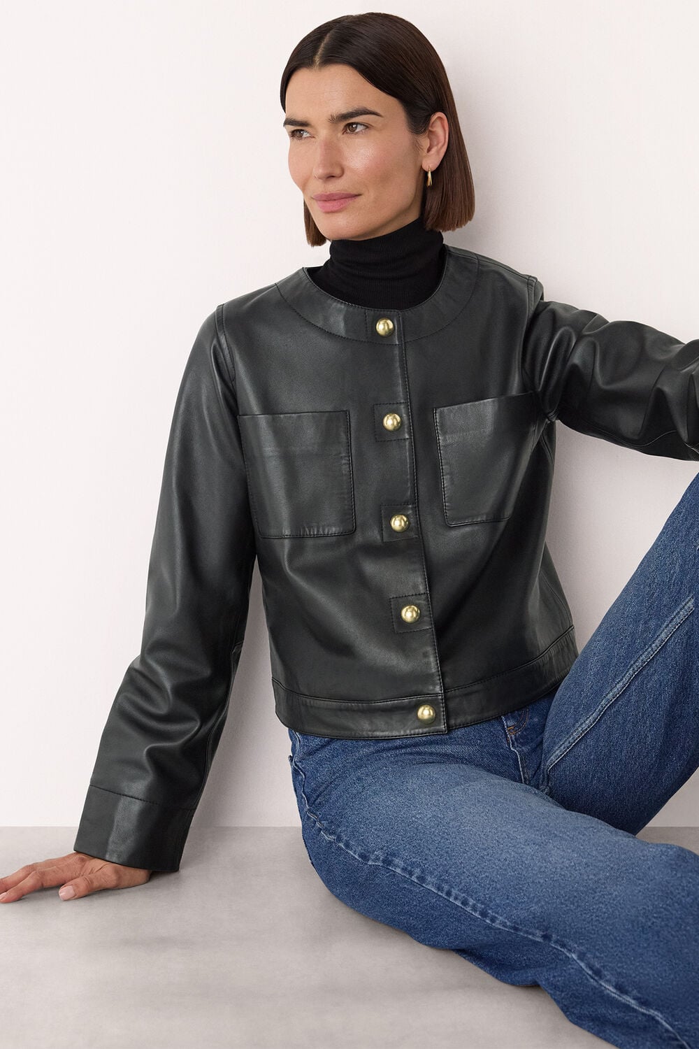 Black Collarless Leather Jacket