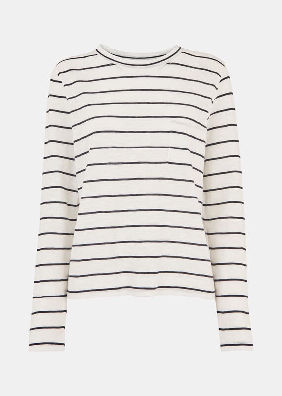 Ivory Stripe Crew Neck Pocket Top