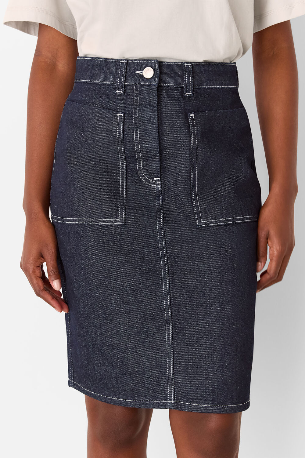 Dark Denim Contrast Stitch Midi Skirt