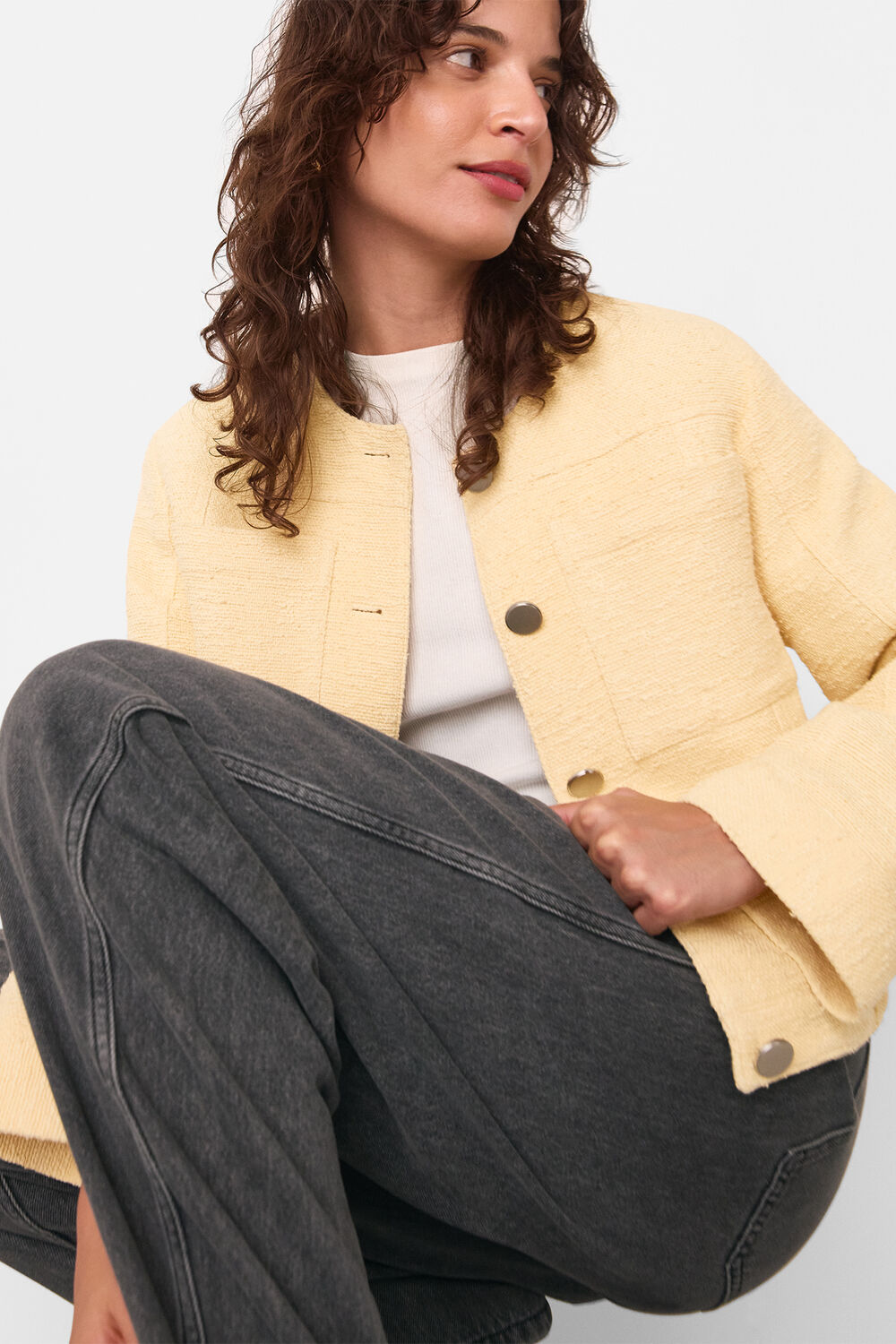 Yellow Textured Collarless Jacket