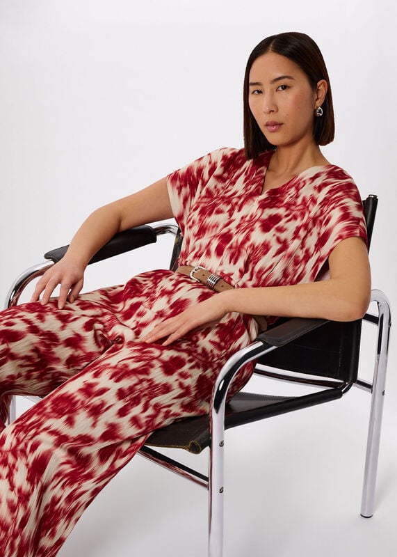 Red Blurred Floral Tie Jumpsuit