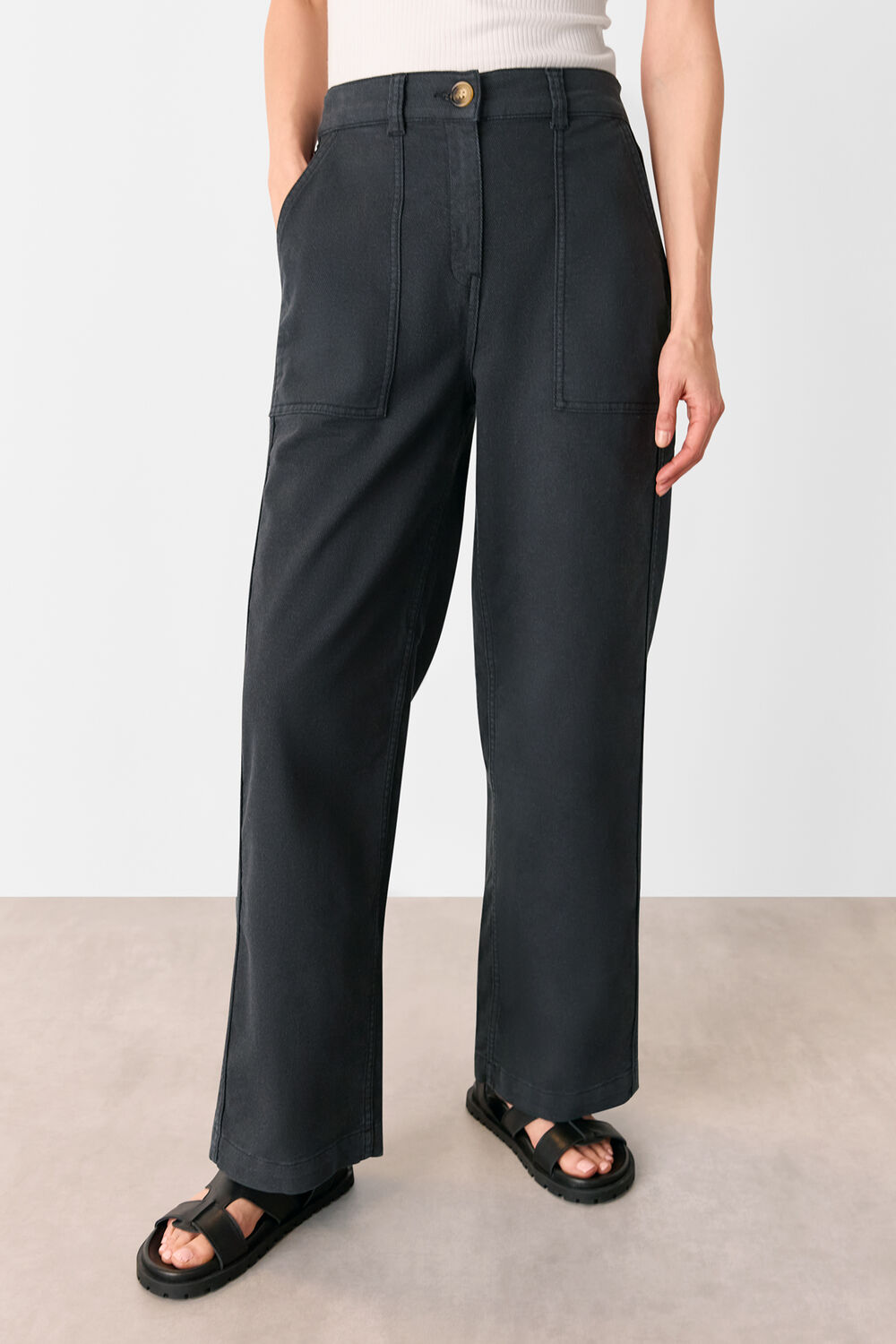 Washed Black Cotton Wide Leg Trouser
