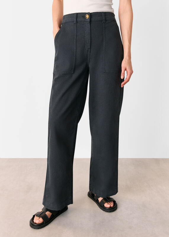 Washed Black Cotton Wide Leg Trouser