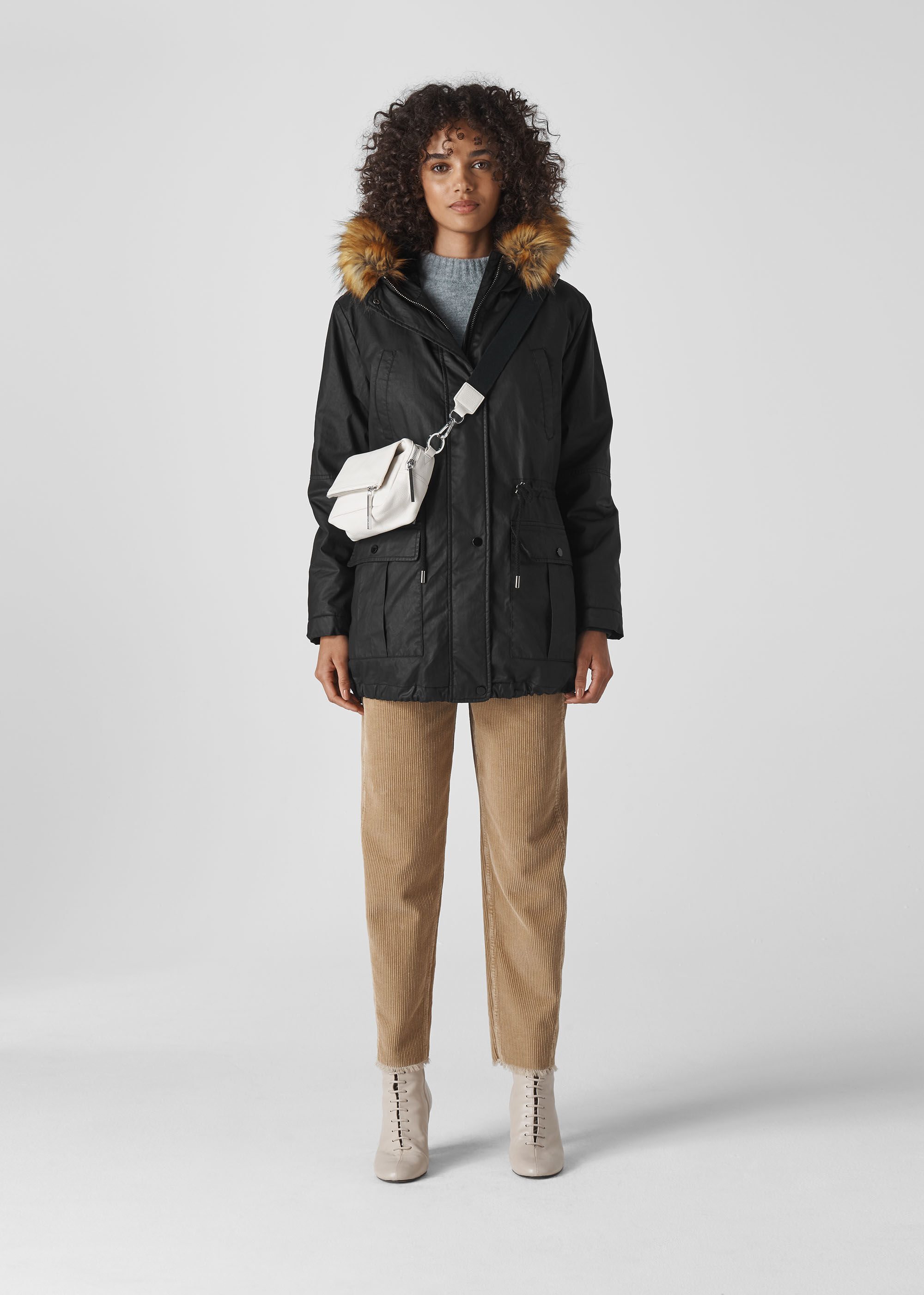 whistles faux fur lined waxy parka