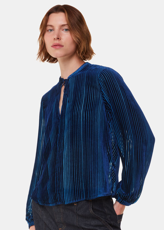 Blue Devore Stripe Velvet Blouse