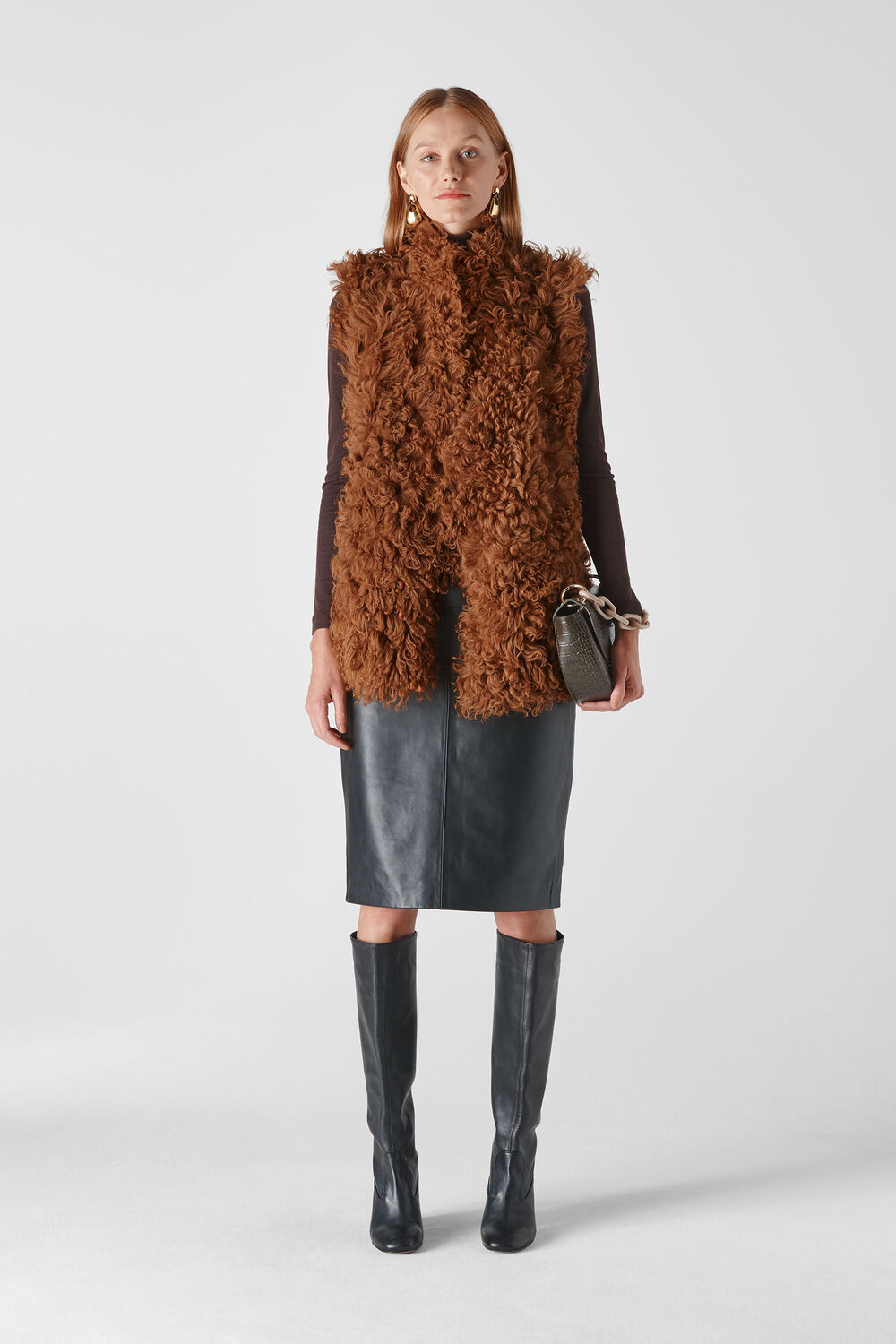 Longline Curly Sheepskin Gilet Tan