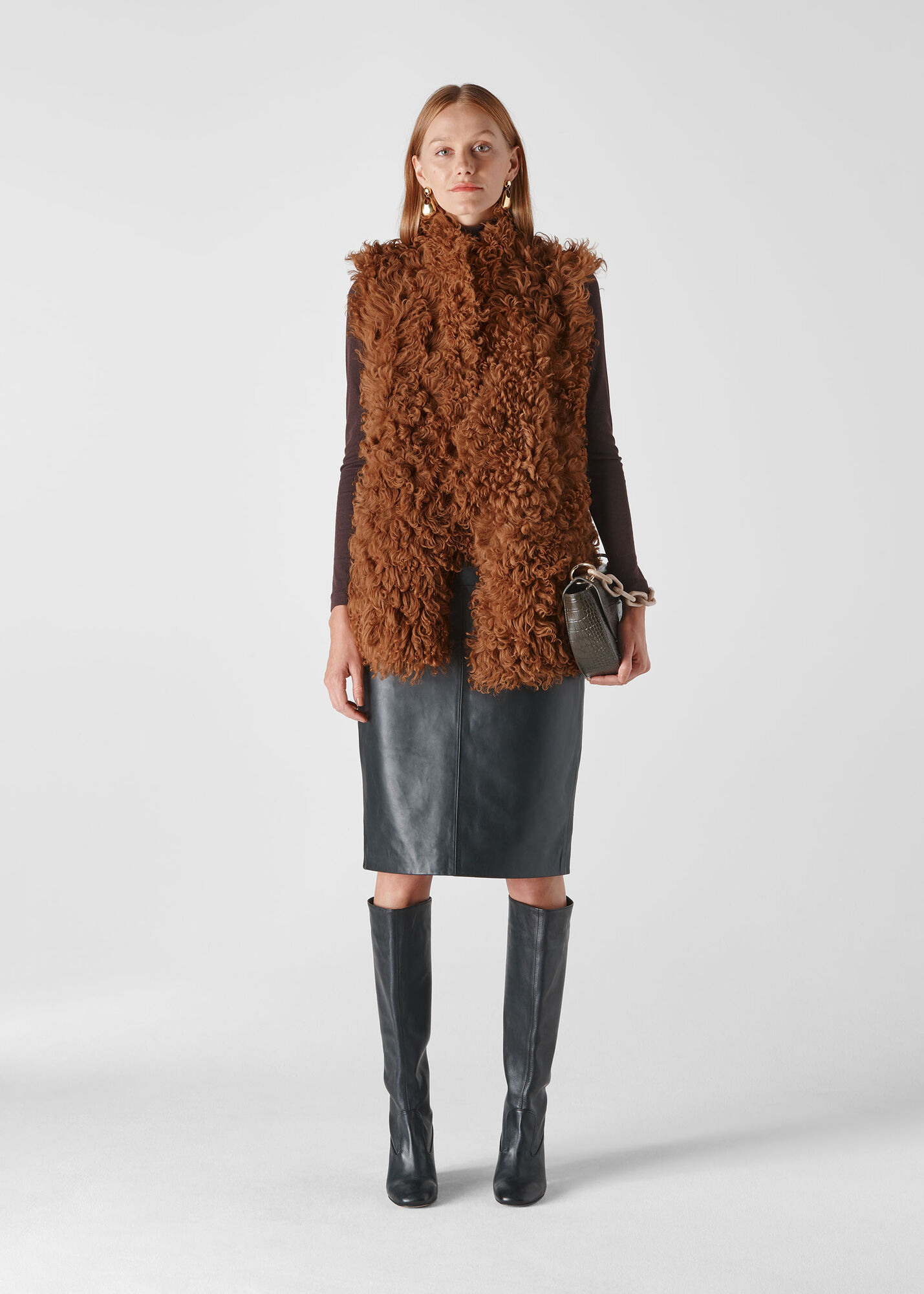 Whistles Women Longline Curly Sheepskin Gilet - Brown - Xs