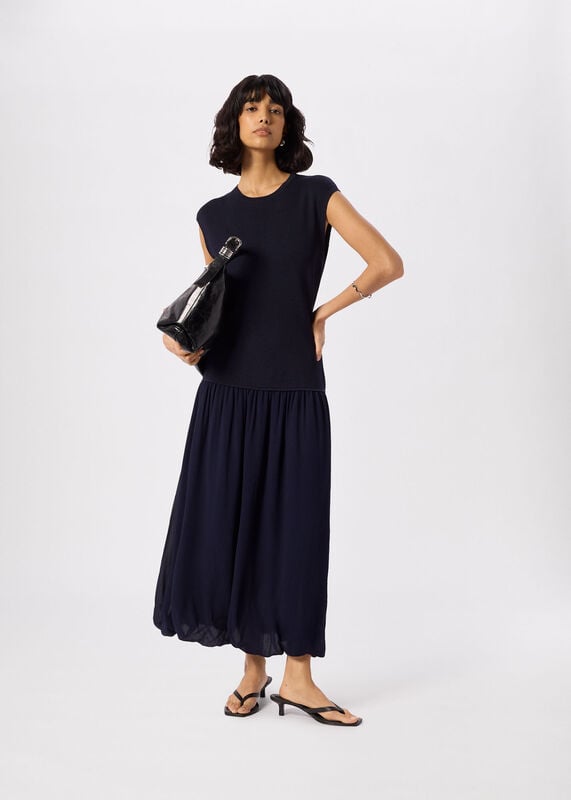 Navy Knitted 2in1 Bubble Hem Dress