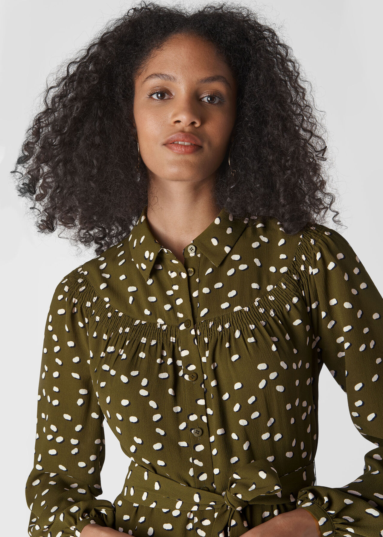 Shadow Spot Print Shirt Dress Khaki