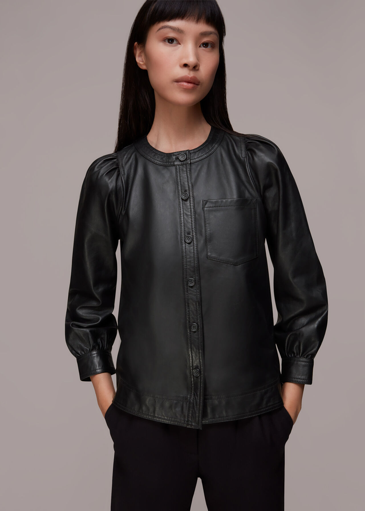 Leather Gathered Sleeve Shirt