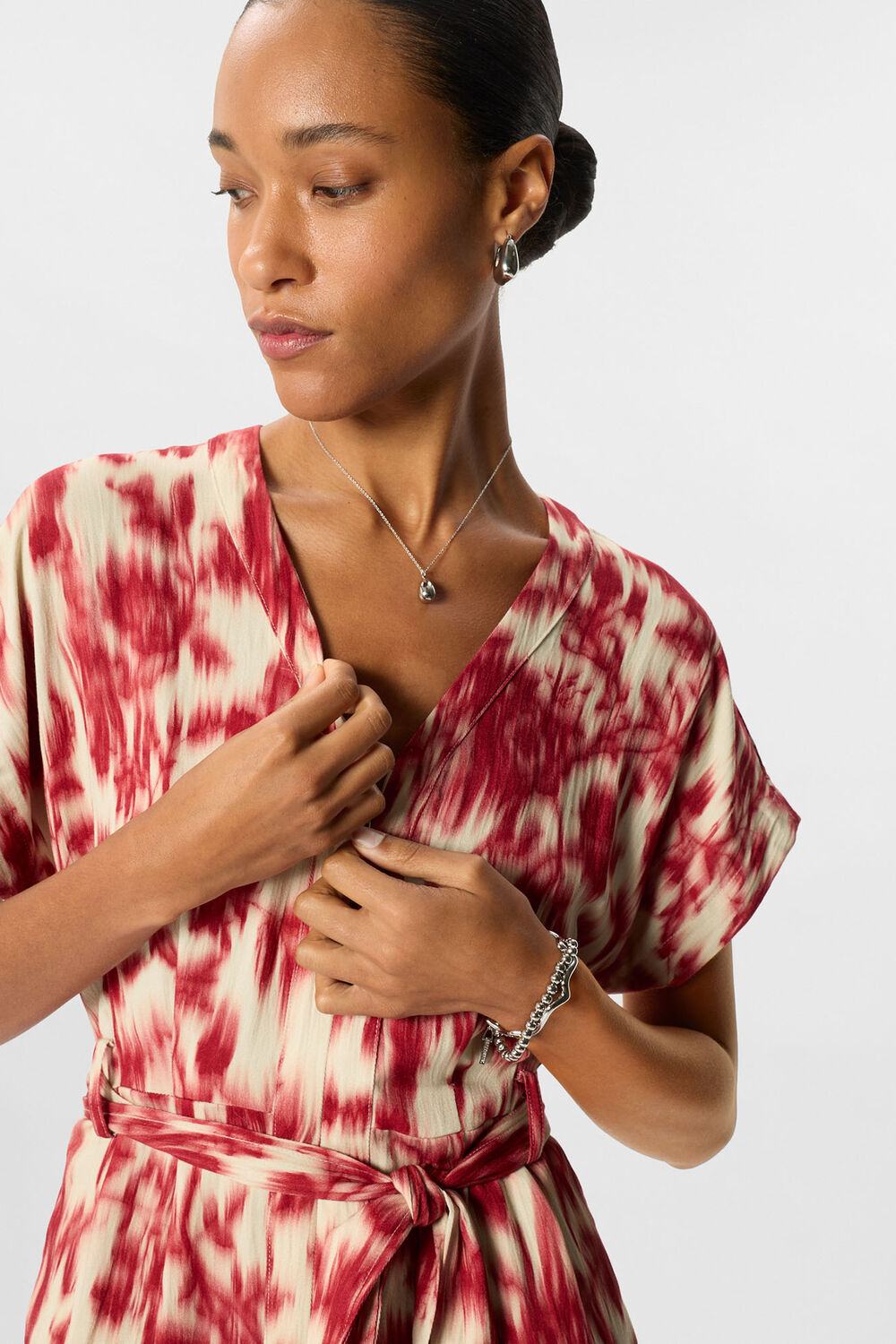 Red Blurred Floral Tie Jumpsuit