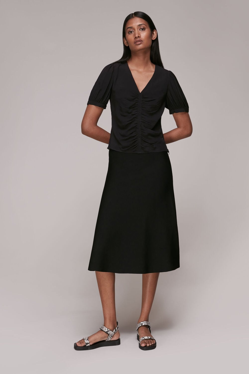 Black V Neck Gather Detail Top