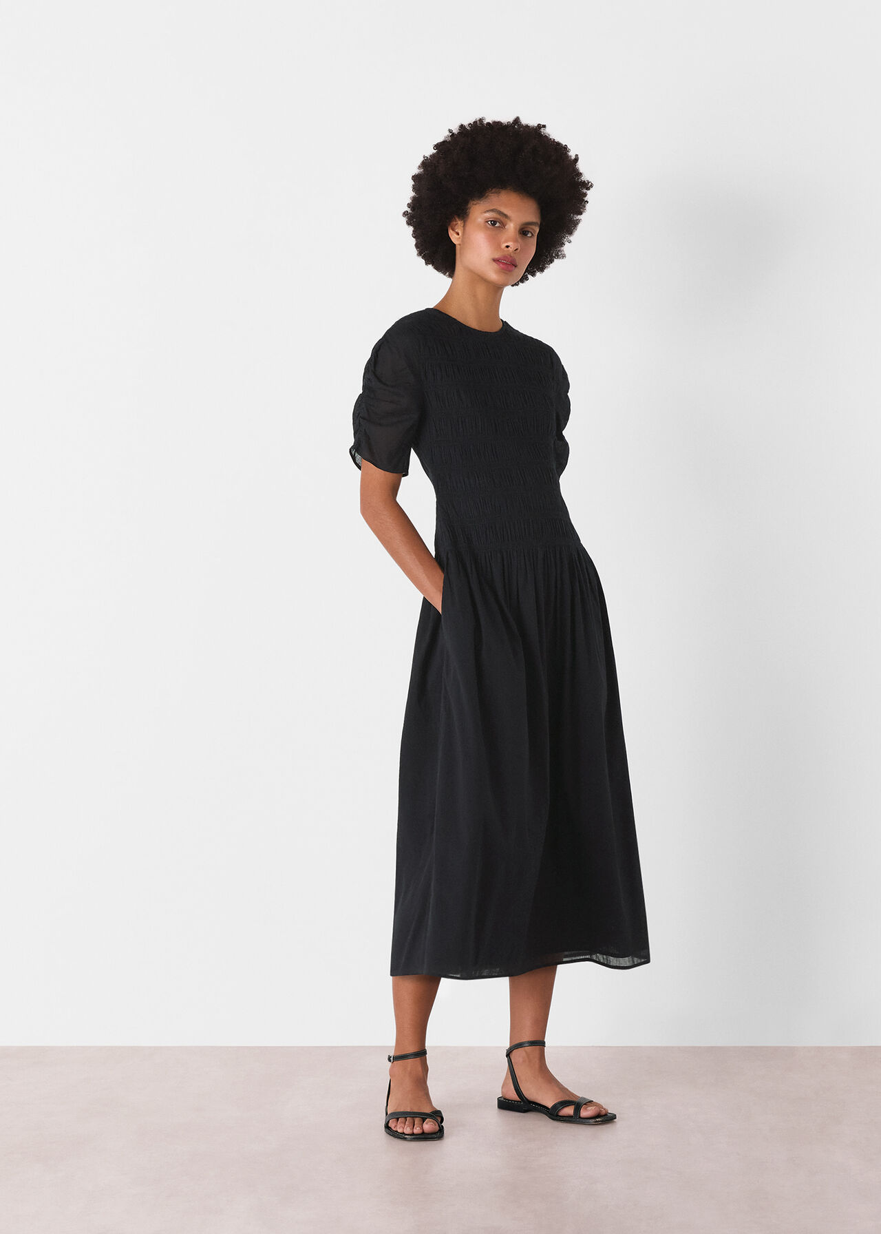 Black Avery Smocked Dress | WHISTLES | Whistles UK