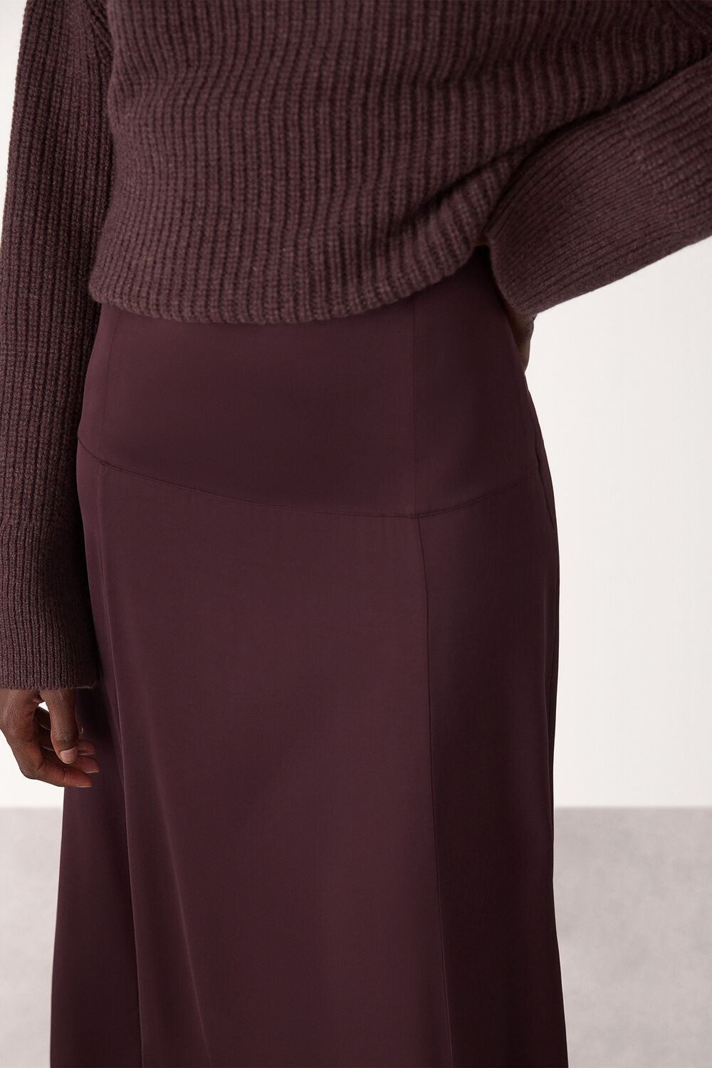 Burgundy Panel Waist Satin Midi Skirt