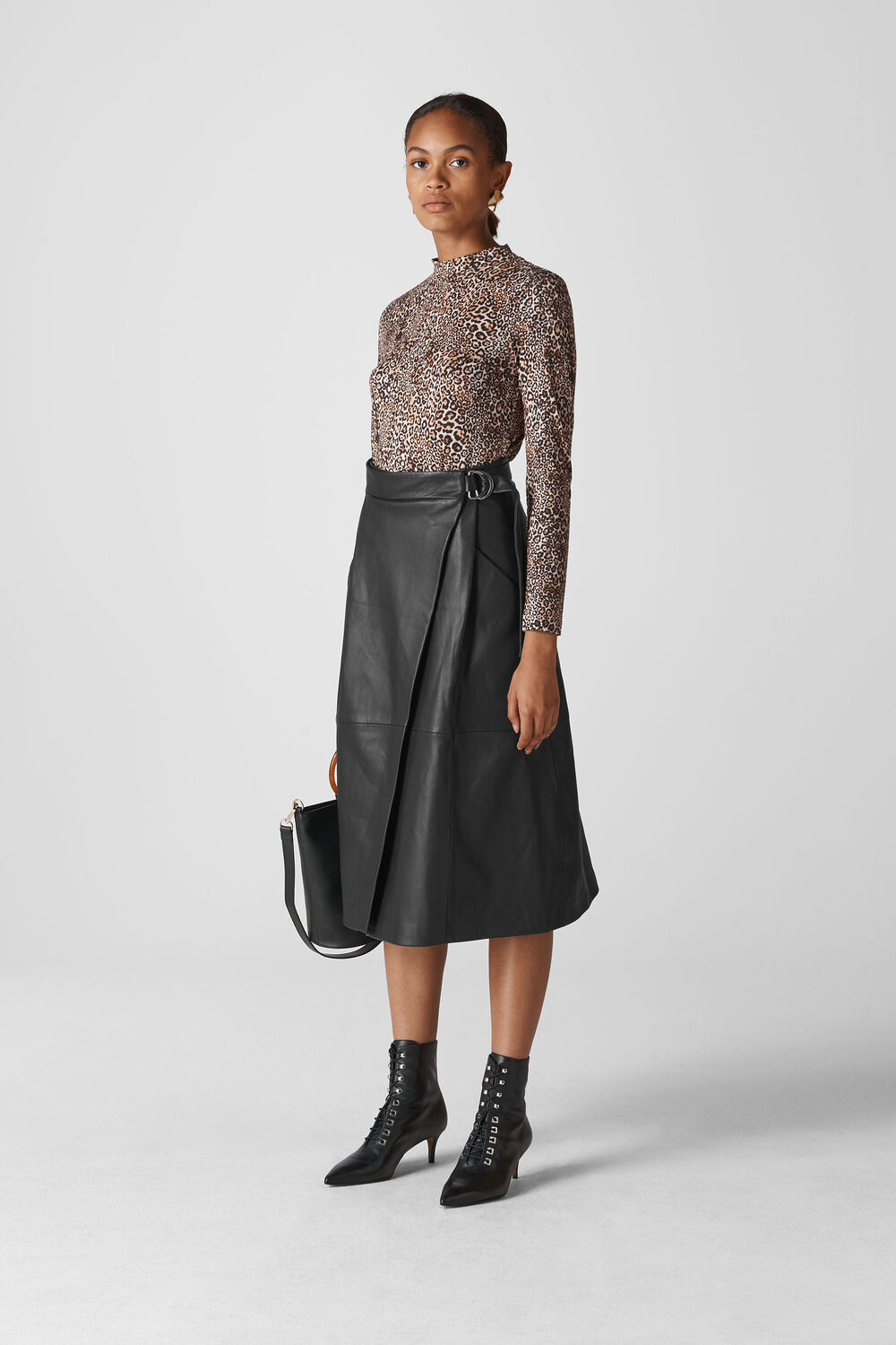 Wrap Leather Midi Skirt