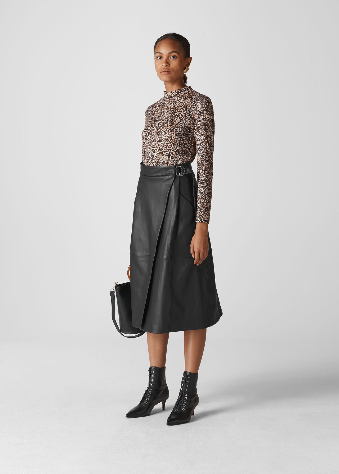 Leather Wrap Midi Skirt Black