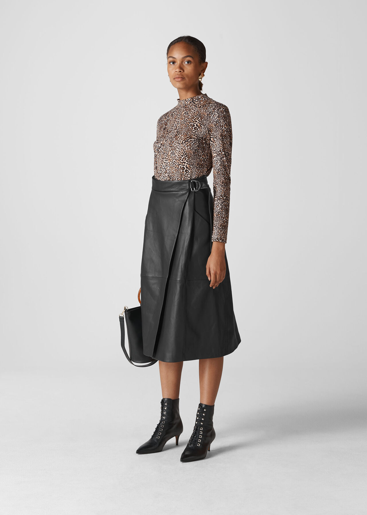 Black Leather Wrap Midi Skirt, WHISTLES