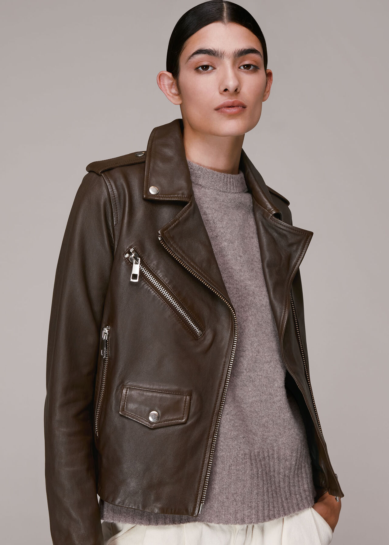 Chocolate Agnes Pocket Leather Jacket | WHISTLES