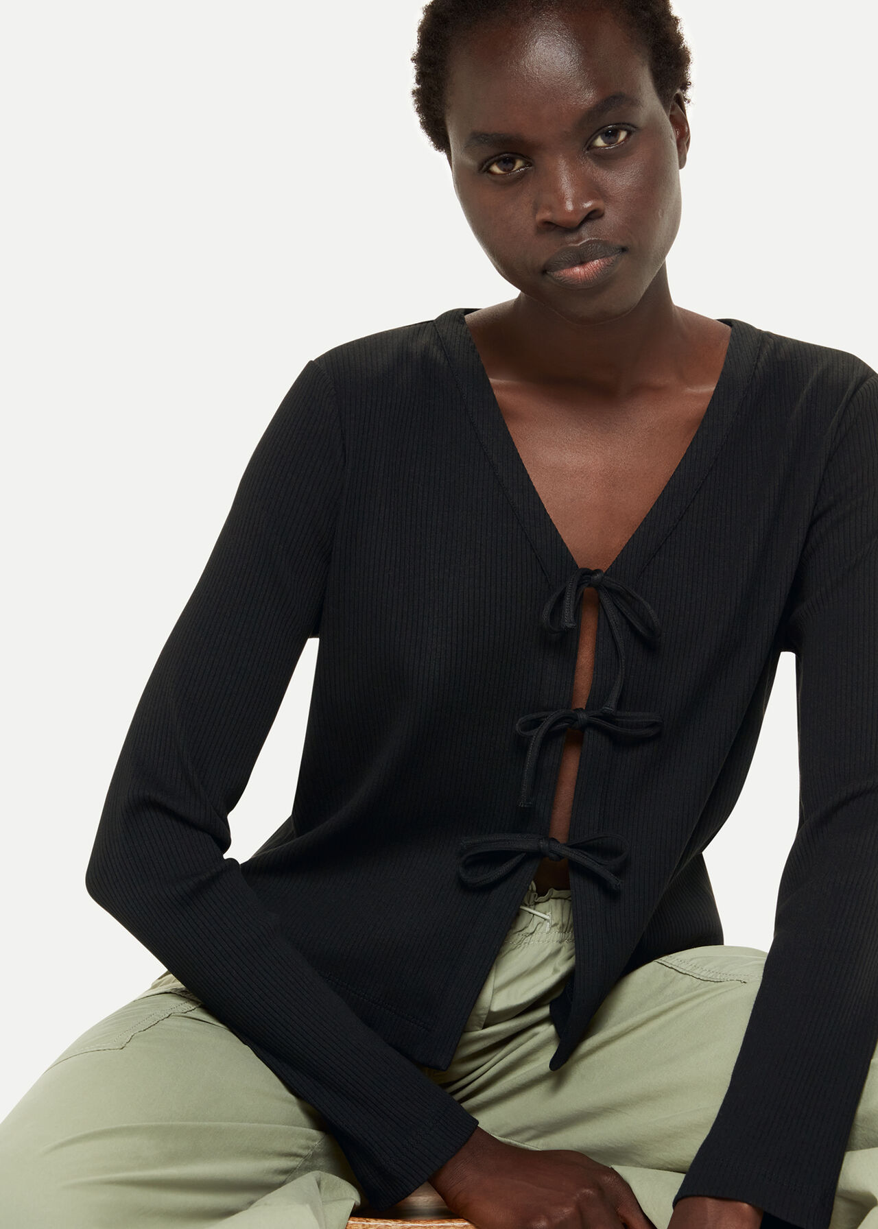 Black Tie Front Ribbed Cardigan | WHISTLES |