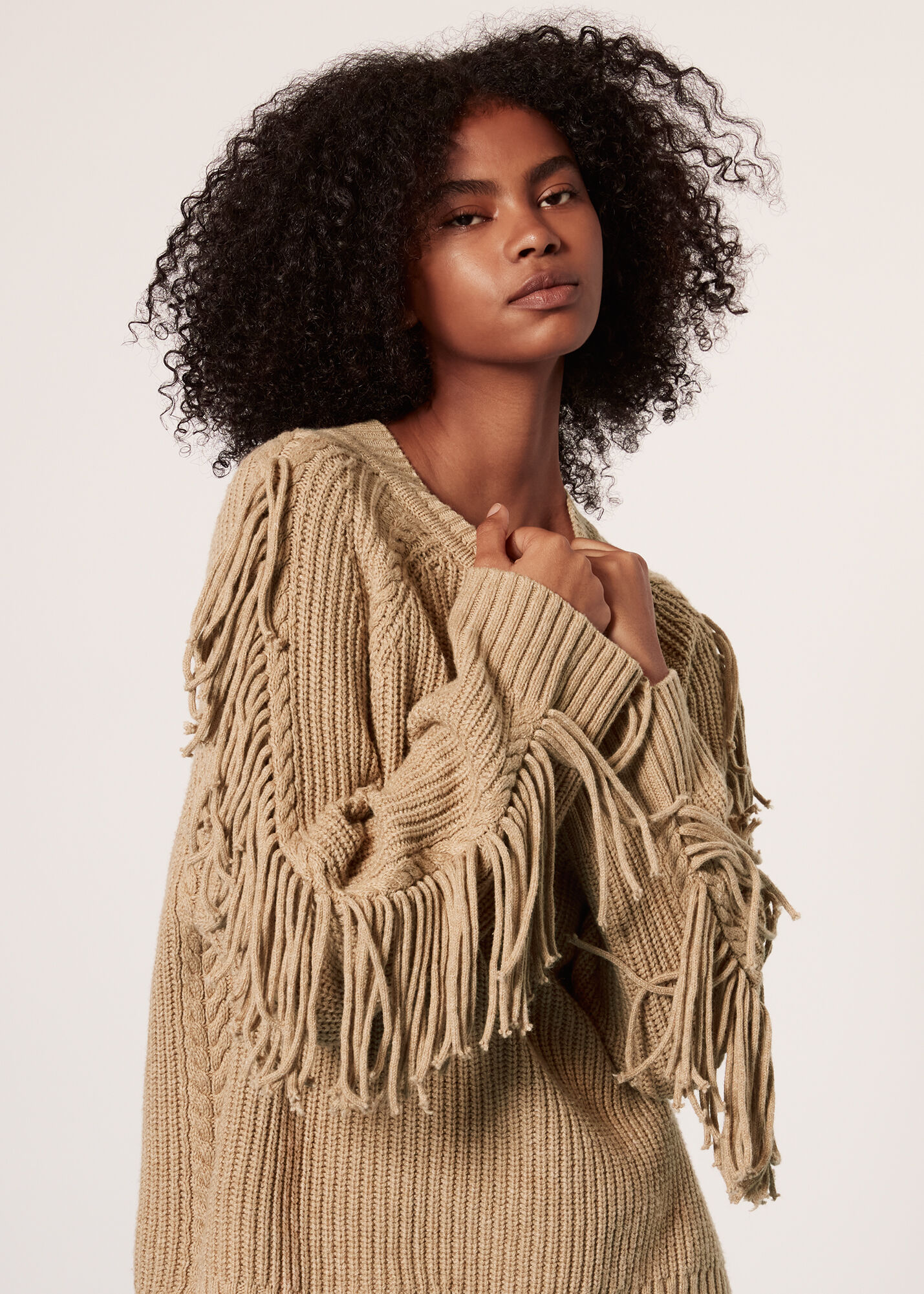 Camel Fringe Sleeve Cable Sweater WHISTLES