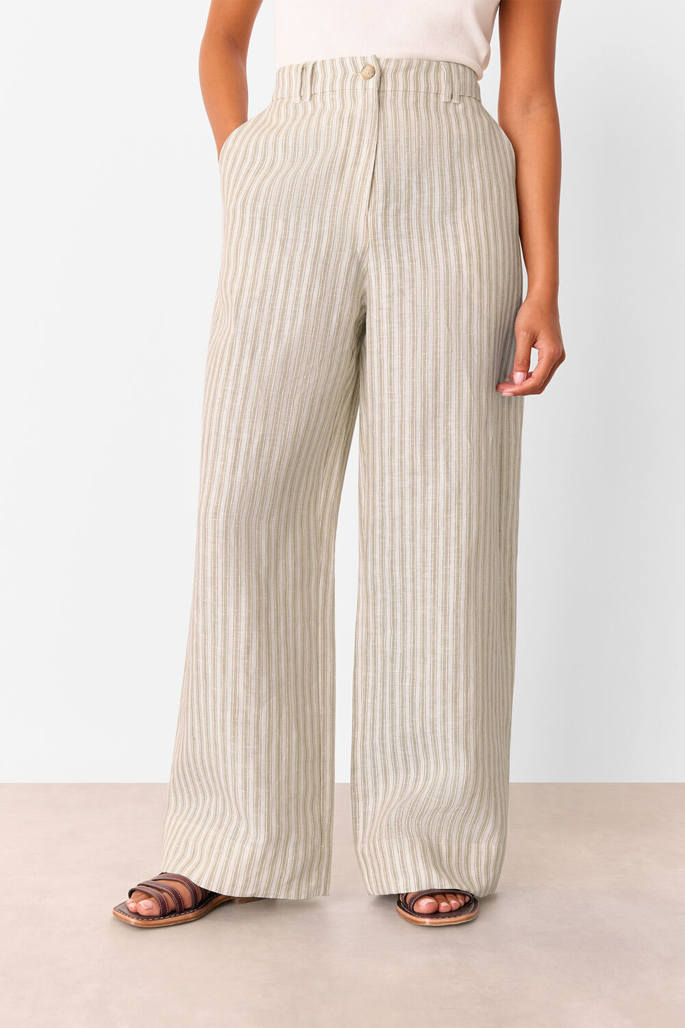 Neutral Petite Linen Stripe Trouser