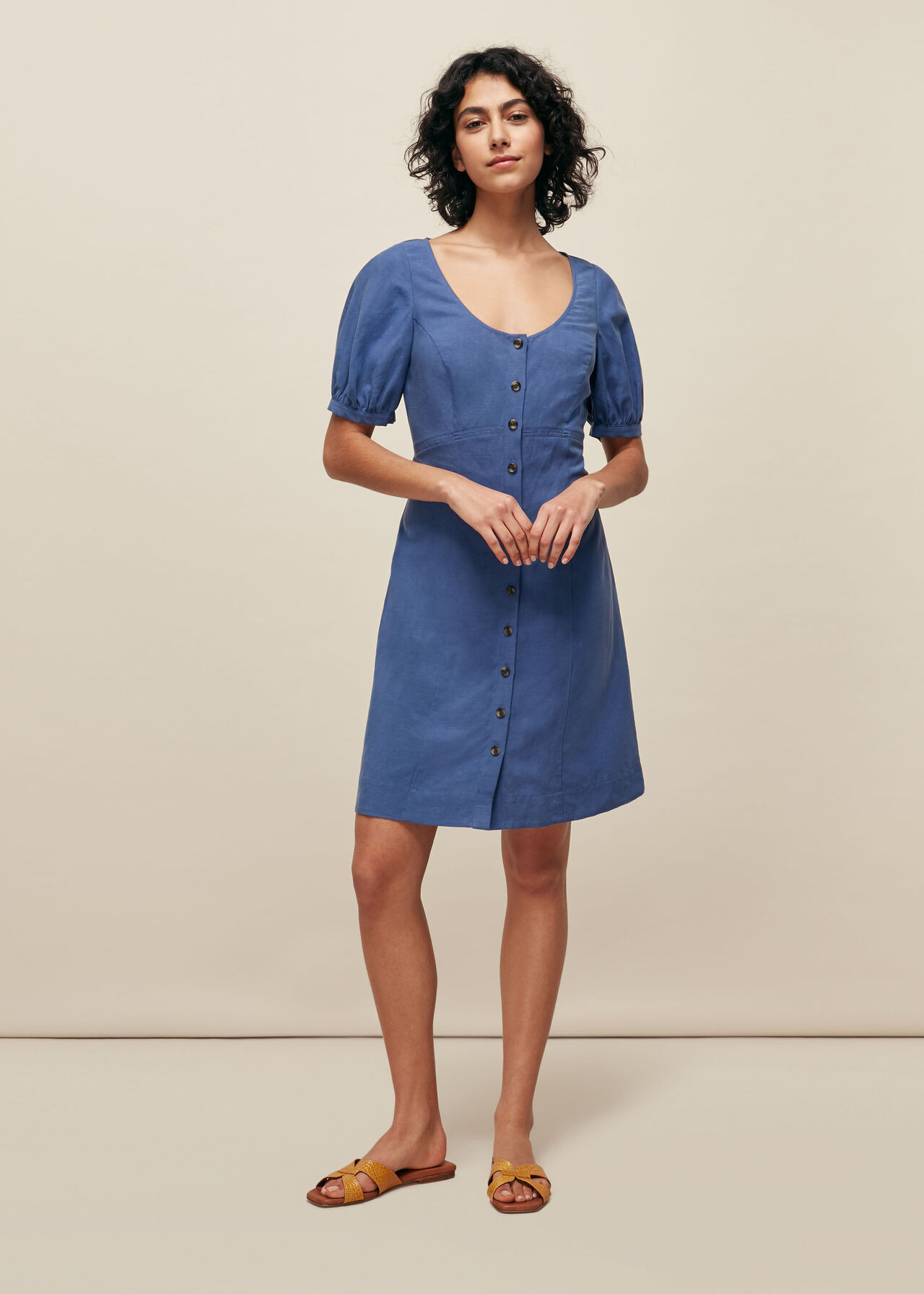 Tara Scoop Linen Mix Dress Blue