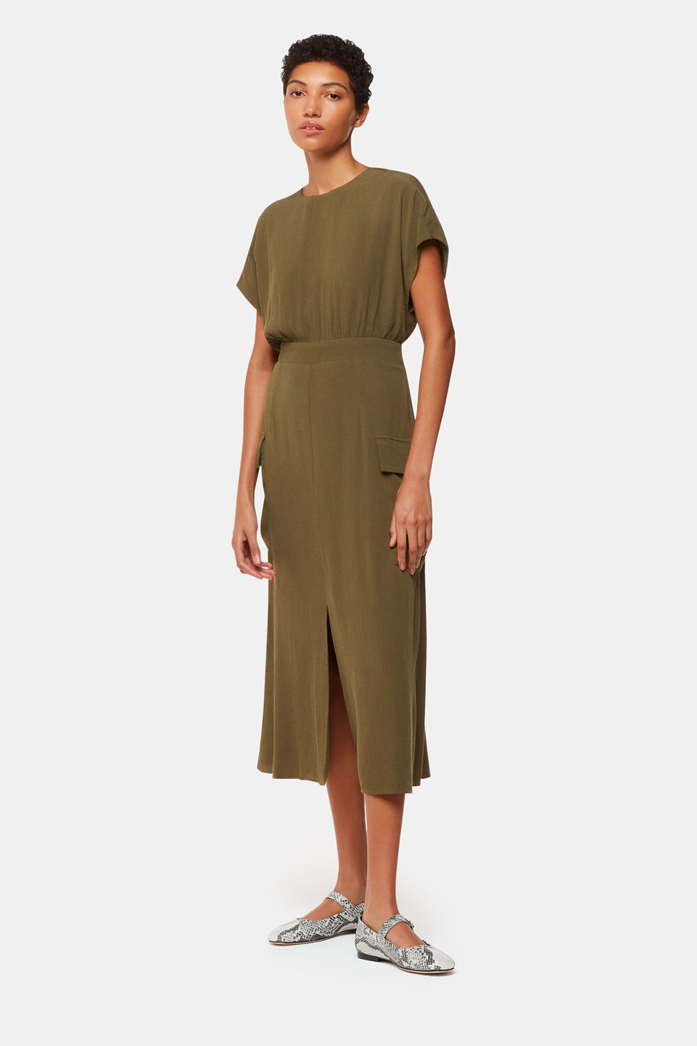 Khaki Pocket Detail Midi Dress