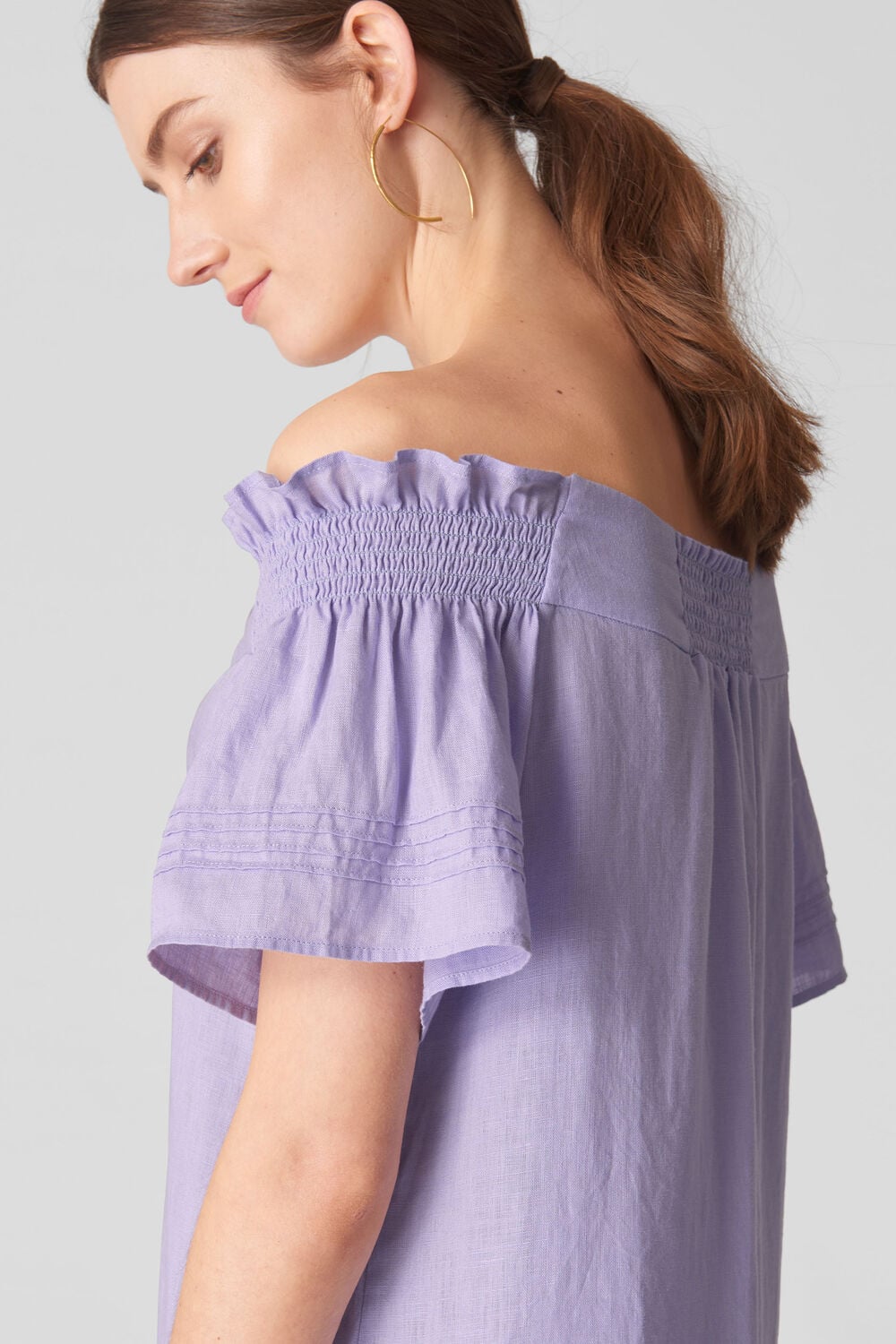 Linen Tie Front Bardot Dress Lilac