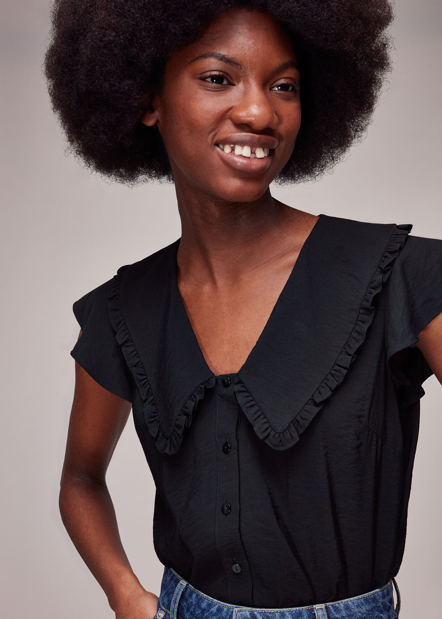 Black ruffle short clearance sleeve top