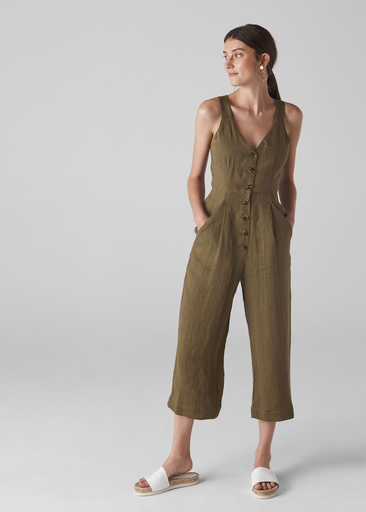 Liza Linen Button Jumpsuit Khaki