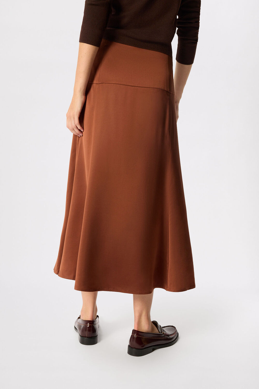 Brown Panel Waist Satin Midi Skirt
