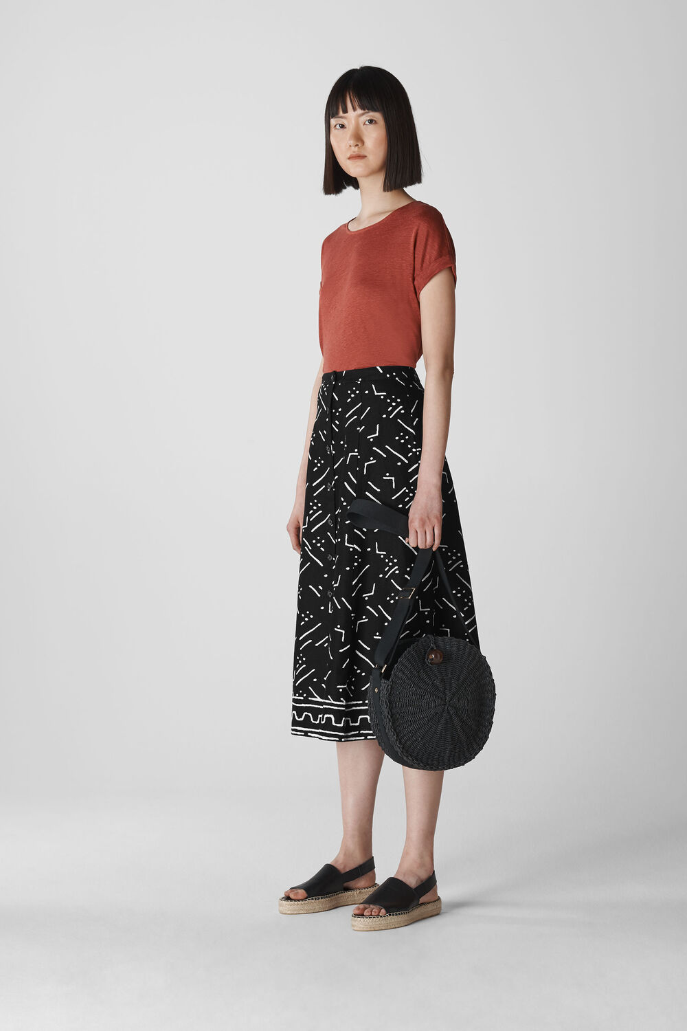 Kuba Print Linen Skirt Black/Multi