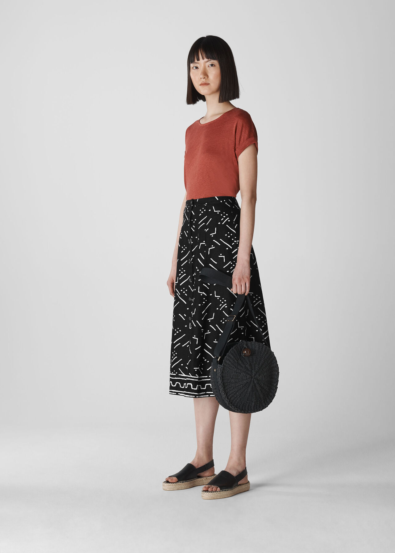 Kuba Print Linen Skirt Black/Multi