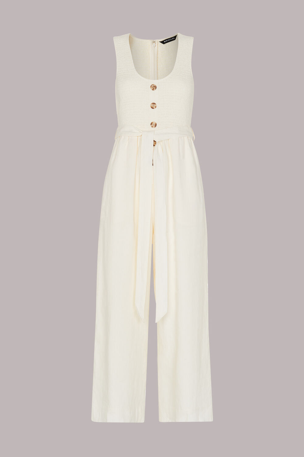 Ivory Shirred Linen Jumpsuit