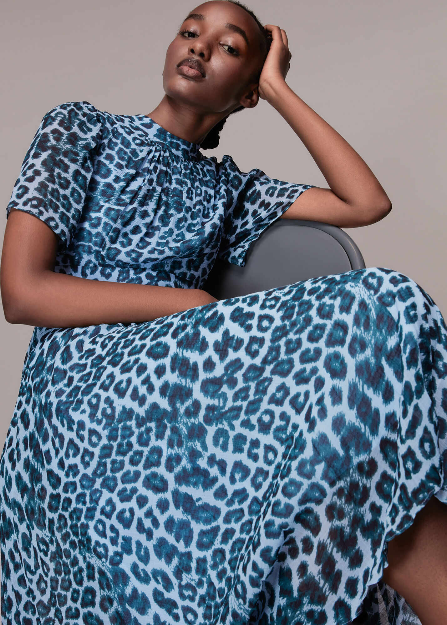Blue/Multi Jungle Cheetah Pleated Dress WHISTLES Whistles UK
