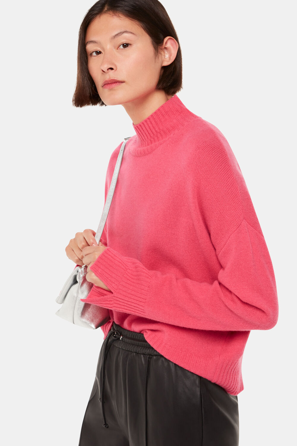 Pink Wool Double Trim Funnel Neck