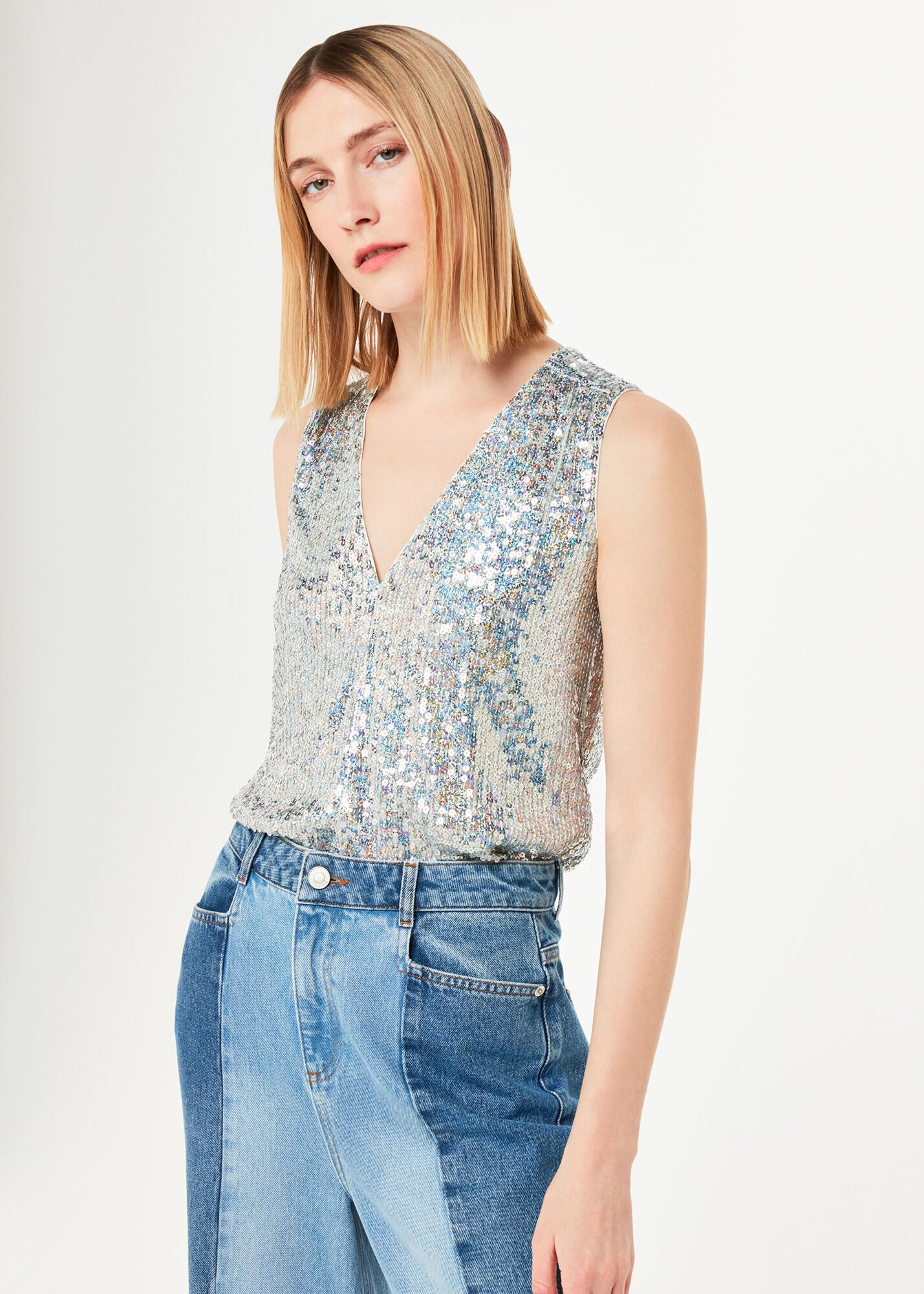 Silver sequin sleeveless top deals