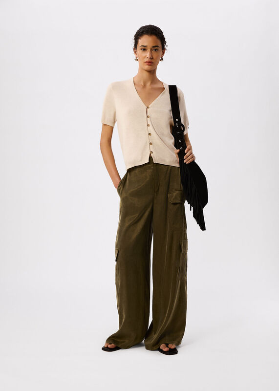 Oatmeal Short Sleeve Button Front Knit