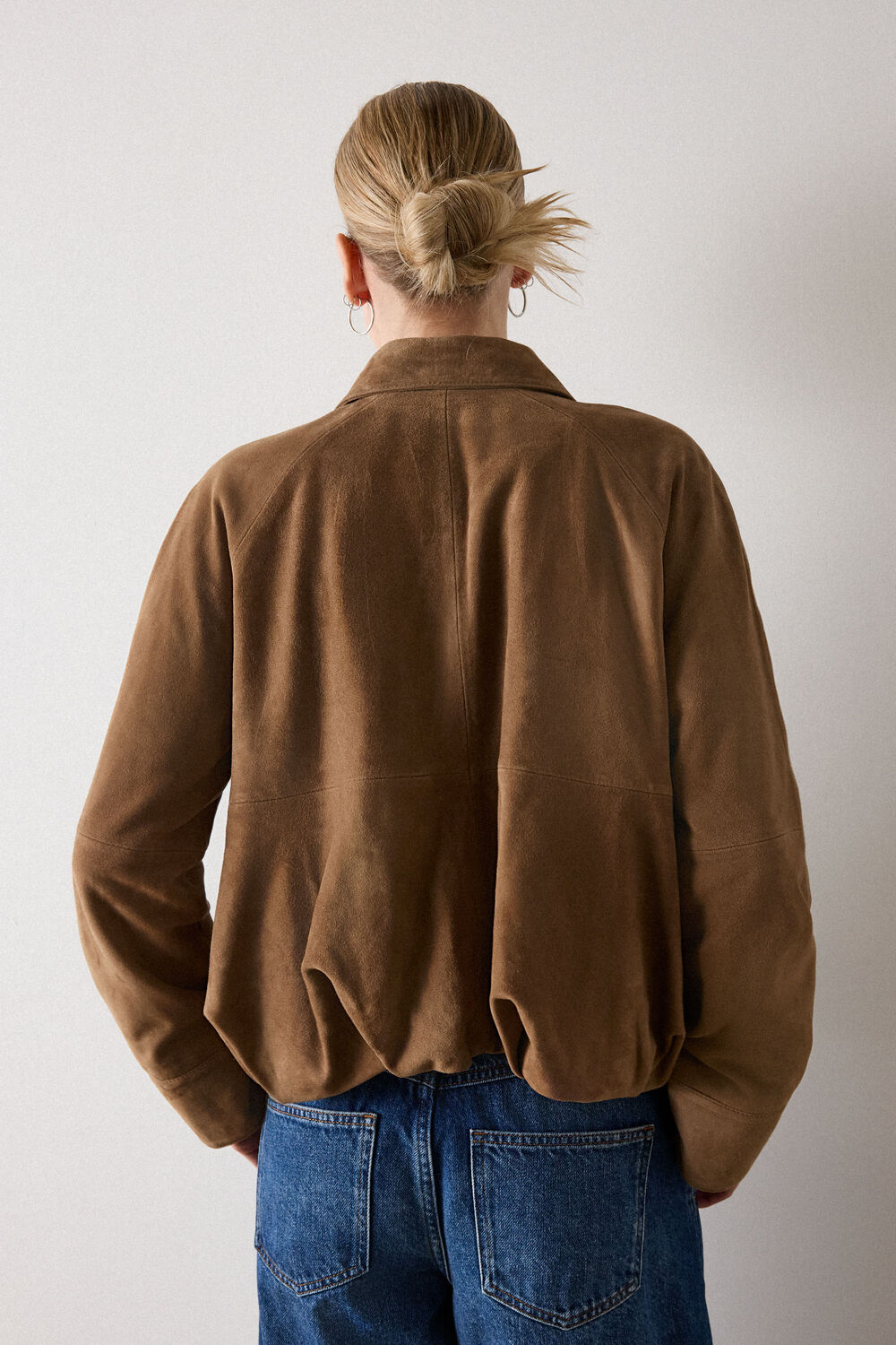 Taupe Gathered Suede Zip Jacket
